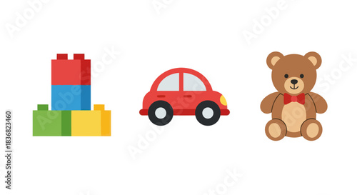 Colorful Childrens Toys: Building Blocks Red Car and Teddy Bear.