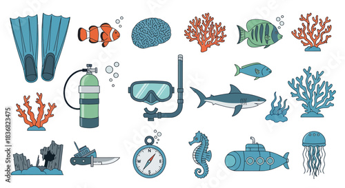 Collection of Colorful Underwater Sea Life and Diving Equipment.