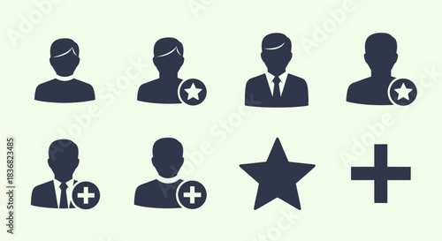 Flat Vector User Profile Icons with Star and Plus Symbols.