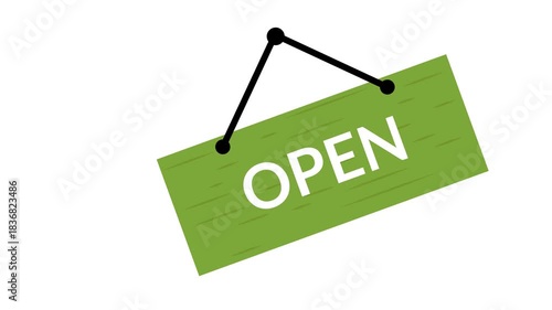 Animation of signboard open for shop on green background. Open signboard store animation. Footage open store sign icon on a green screen background. Open sign hanging door store shop