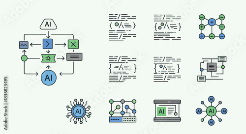 AI Network Diagram with Code Snippets and Data Visualization Elements.