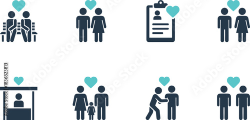 Outline icons representing diverse family structures, including a baby, a male same-sex couple with a child, and a female same-sex couple with a child,