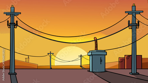 Electrical Power Lines at Sunset – High Voltage Transmission Towers Silhouette Vector Illustration