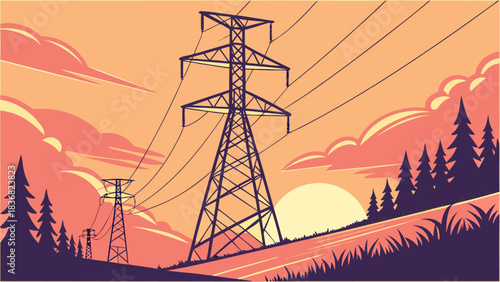 Electrical Power Lines at Sunset – High Voltage Transmission Towers Silhouette Vector Illustration