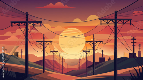 Electrical Power Lines at Sunset – High Voltage Transmission Towers Silhouette Vector Illustration