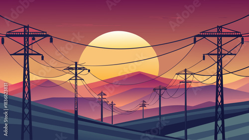 Electrical Power Lines at Sunset – High Voltage Transmission Towers Silhouette Vector Illustration