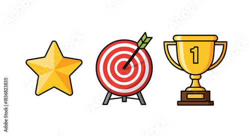 Collection of Cartoon Icons: Star Target and Trophy.