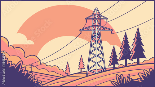 Electrical Power Lines at Sunset – High Voltage Transmission Towers Silhouette Vector Illustration
