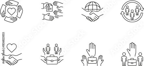 Outline icons representing social welfare and charitable food distribution, featuring individuals with serving utensils and a large steaming bowl, as well as a family next to a plate setting.