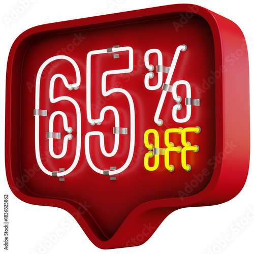 3D Flickering Animation of 65 Percent Off Neon Discount Sign Inside a Red Bubble Balloon