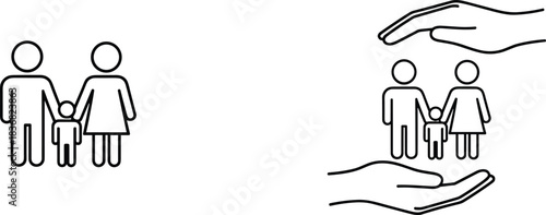Outline icons of a nuclear family (adult couple and one child) standing alone and an identical family protected by a pair of cupped,