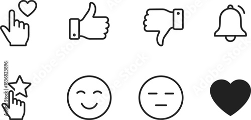 Set of user interface and social media reaction icons, including thumbs up down, heart and star ratings, smiling and neutral faces, and a notification bell.