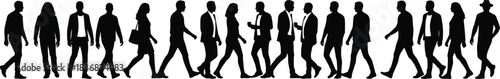 Large group of diverse professional and casual people walking together, represented by a continuous line of black silhouettes for concepts like commuting, crowd, or unity.