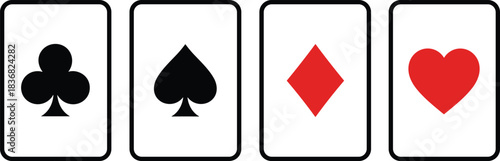 Set of four classic playing card suits, including the black club, red diamond, black spade, and red heart, each with a distinct white and black outline for design use.