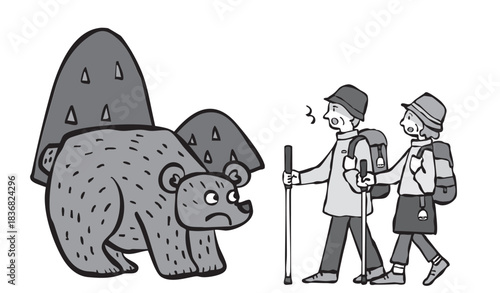 登山中にクマに遭遇した男女（シニア）　熊　くま