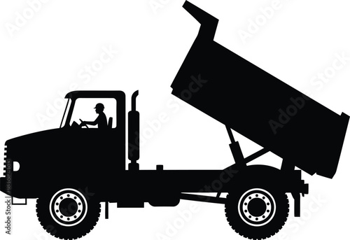 Dump Truck Silhouette with Driver and Raised Bed