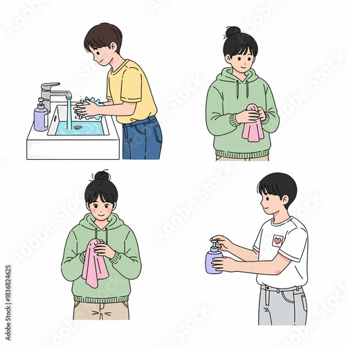 Handwashing and hygiene illustration showing people cleaning and drying their hands