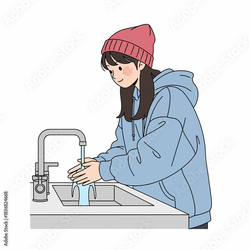 Young woman practices good hand hygiene, washing hands under running water for health and daily cleanliness