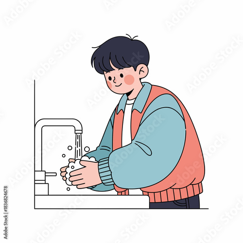 An engaging illustration of a smiling young person thoroughly washing hands with soap under running water, emphasizing good hygiene practices and health awareness