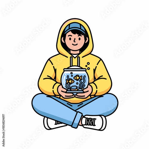 Person sitting cross-legged holding a round fishbowl with two goldfish and aquatic plants inside