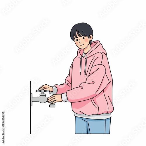 Young person with pink hoodie turning off water tap, promoting water conservation and daily hygiene habits