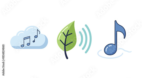 Cloud Leaf and Musical Note Icons Representing Sound and Nature.