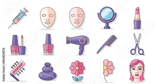 Colorful Flat Design Beauty and Spa Icons Set: Makeup Hair Tools Skincare and Wellness Elements.