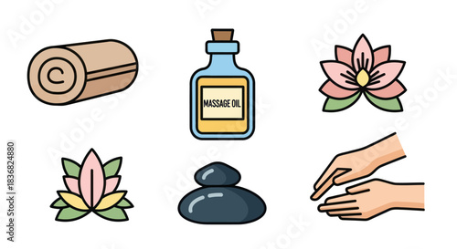 Spa Treatment Icons: Rolled Towel Oil Bottle Lotus Flowers Hands.