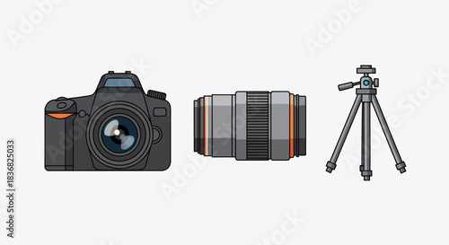 Professional DSLR camera with interchangeable lens and compact tripod.