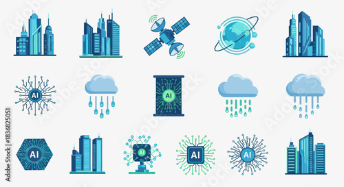 Collection of Blue Futuristic Cityscape and Technology Icons.