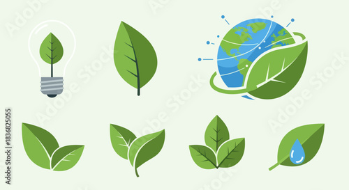 Collection of Green Leaf Icons Representing Ecology and Sustainability.