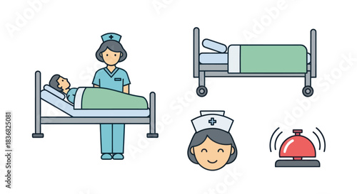 Cartoon Healthcare and Hospital Icons Set with Nurse Patient Bed and Call Bell.