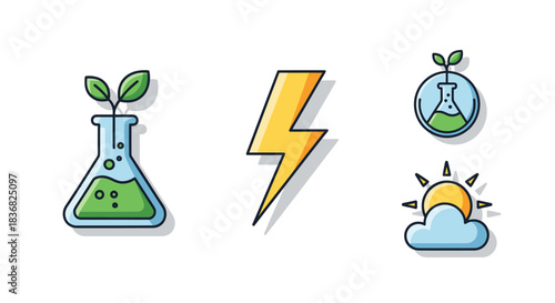 Science Energy and Environment Icons: Flasks Lightning Sun Cloud.