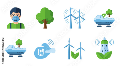Collection of Icons Representing Environmental Sustainability and Technology.