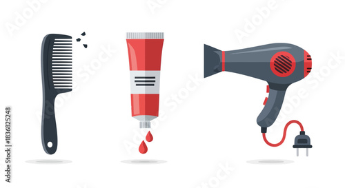 Hair Styling Tools: Comb Tube of Hair Dye and Hair Dryer.