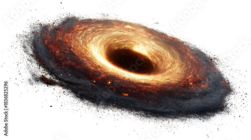 Black hole attracting matter and light in accretion disk, creating powerful gravity in an expanding universe