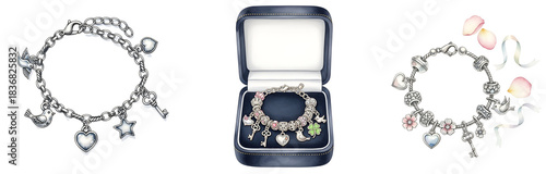 Three bracelets with charms and one in a jewelry box with rose petals on a solid color surface on transparent background
