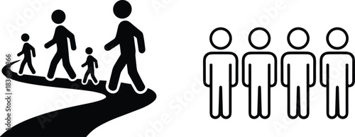 Simple graphic icons illustrating family dynamics on a winding path and a linear group of four people, representing concepts of journey, community, population, and small groups.