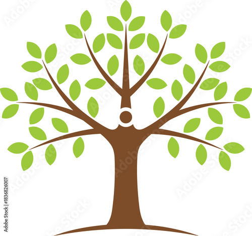 Stylized logo design of a green-leafed tree with a brown trunk, where a small human figure is integrated into the center of the branching structure,