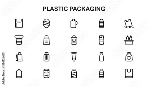 Plastic Packaging Line Icon Set – Modern, minimal vector icons for eco-conscious branding and product design