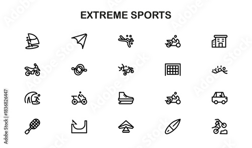 Extreme Sports and Adventure Activities Professional Line Icon Collection – Modern Editable Vector Icons