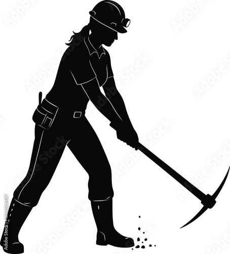 Female Miner Silhouette Using Pickaxe – Worker Digging Vector Illustration