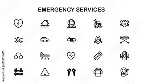 Emergency Services Line Icon pack – Professionalvector icons for EMS, police, fire, and rescue teams.