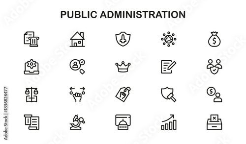 Public Administration line icon set with modern elements – Modern professional vector icon set featuring creative public service, civic duty, and government administration visuals.
