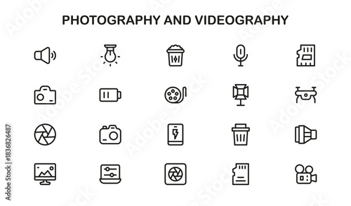 Photography and videography professional line icon set, modern vector collection featuring cameras, tripods, lighting, editing tools, and multimedia