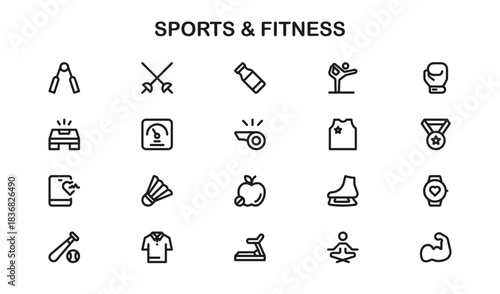 Sports and Fitness Line Icon Collection – Minimal and Professional Vector Icons for Exercise, Health, and Athletic Activities