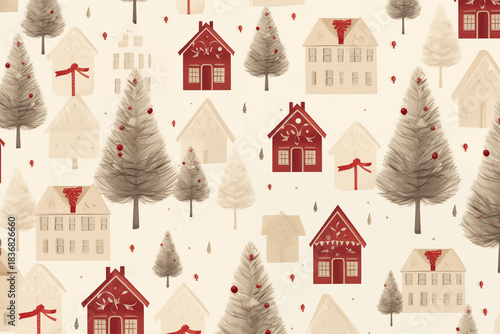 Seamless pattern with Christmas tree and gift boxes