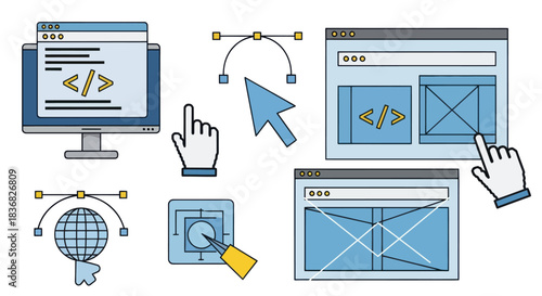 A collection of flat line art icons representing web design coding and UI-UX development concepts.