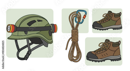 Climbing Gear Set: Helmet with Headlamp Rope with Carabiner and Hiking Boots.