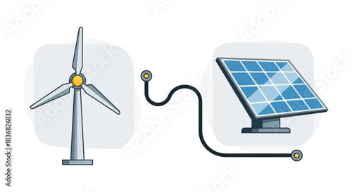 Illustration of Wind Turbine and Solar Panel Connected by Cable.